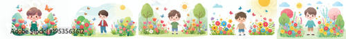 vector of a little boy standing happily with a background of blooming flowers