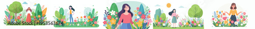 vector of a woman standing happily with a background of blooming flowers