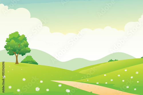 A vibrant green landscape with a tree and winding path