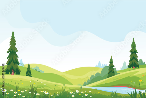 Scenic landscape featuring rolling green hills and tall pine trees
