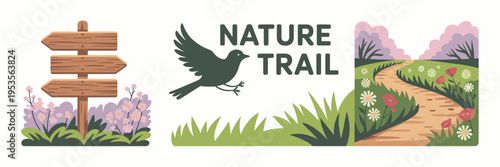Wooden signpost and nature path icons – Great for park wayfinding.