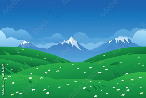 Scenic landscape featuring green hills snow capped mountains and blue sky