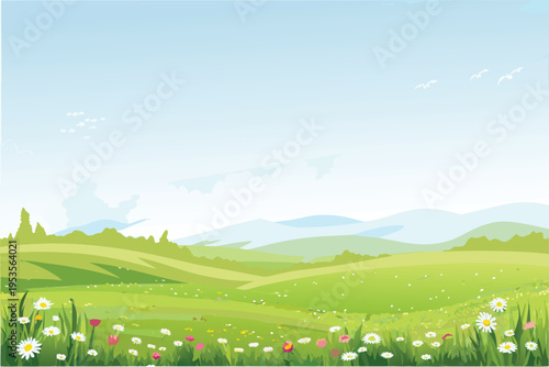 Serene landscape featuring green fields distant mountains and blue sky
