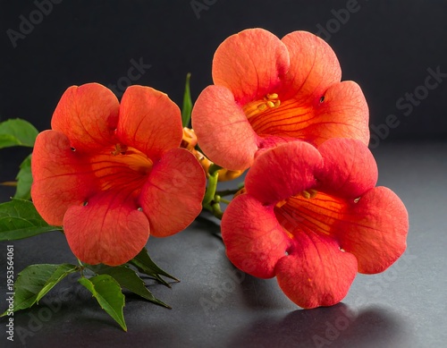 Close-up of three vibrant, trumpet-shaped orange blossoms with detailed inner structures and green foliage against a dark backdrop