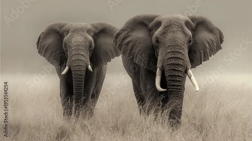 Fototapeta Two African elephants walking together in savannah with tusks and large ears