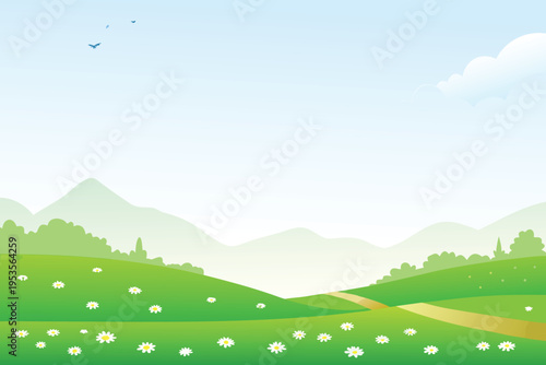 A serene landscape features rolling green hills and a blue sky