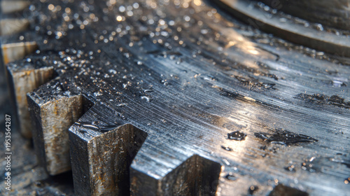 Detailed close-up view of a metallic gear glistening with droplets of water, showcasing the beauty of machinery in a workshop setting during afternoon light