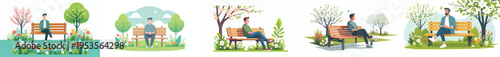 vector of a man sitting together on a park bench during spring