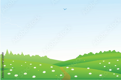 A peaceful landscape featuring green hills and a blue sky