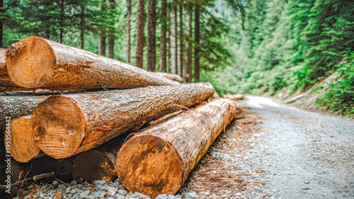 Logs resting peacefully along a winding gravel path in a serene forest during the early hours of dawn, surrounded by tall pine trees reaching for the sky