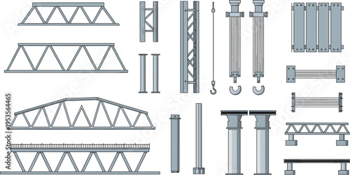 Steel Construction Structure Vector Illustration Set with Truss Beams, Columns, Metal Frames, Industrial Elements, and Engineering Building Components Collection