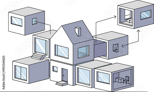 Modular house construction concept with expandable building blocks, modern architecture system design, prefabricated home structure isometric vector illustration