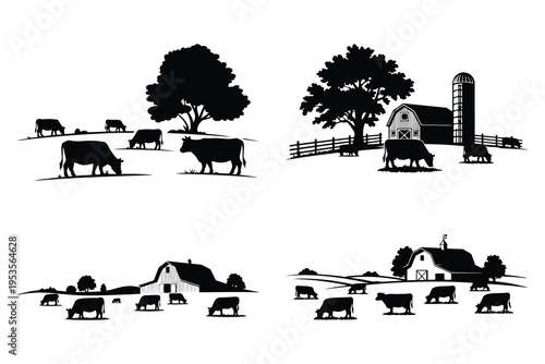 Black and white farm scenes with cows and barns silhouettes