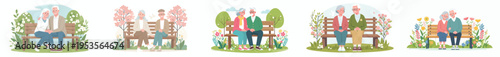 vector of a old couple sitting together on a park bench during spring
