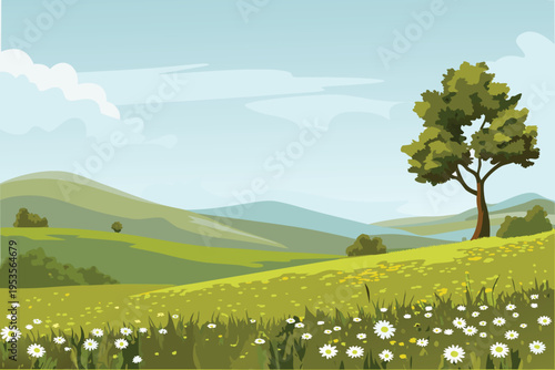 A peaceful landscape featuring rolling green hills and blooming wildflowers