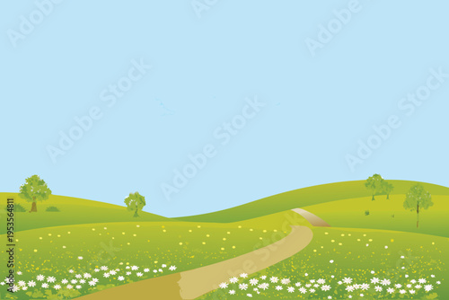 A simple illustration of a green rolling landscape under a blue sky