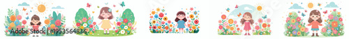 vector of a little girl standing happily with a background of blooming flowers