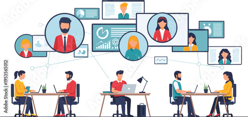 Remote team collaboration with video conference and digital communication network, online meeting workspace flat vector illustration