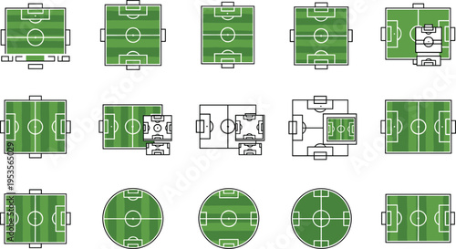 Soccer Field Top View Vector Illustration Set with Football Pitch Layouts, Stadium Plans, Court Markings, and Sports Ground Design Collection