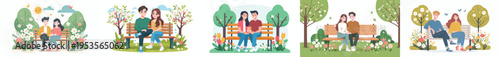 vector of a couple sitting together on a park bench during spring