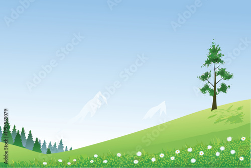 A serene landscape with a lone tree and distant mountains