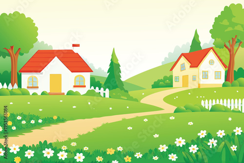 Charming cartoon houses sit nestled within a lush green landscape