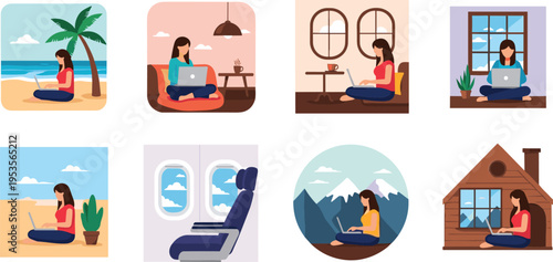 Remote work lifestyle scenes collection with woman using laptop in different locations, travel freelance digital nomad flat vector illustration set