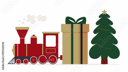 A festive red toy train carries a large gift and christmas tree