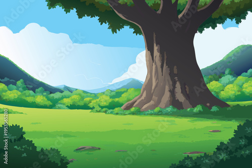 A lush green landscape featuring a large tree and distant hills