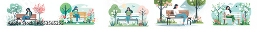 vector of a woman sitting together on a park bench during spring