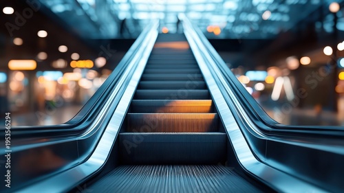 Empty escalator ascending into blurred lights of mall atrium.