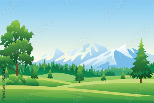 Scenic landscape featuring green fields mountains and vibrant trees