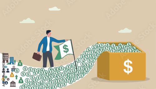 Cash flow, investment fund raising bank loan financial activity making money profit concept, Businessman leader investor holding flag control money Dollar coins