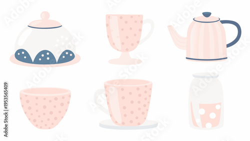 Pastel colored teaware and milk jug illustration in a flat style