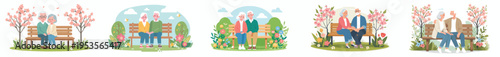 vector of a old couple sitting together on a park bench during spring