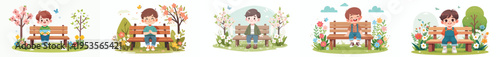 vector of a little boy sitting together on a park bench during spring