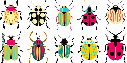 A colorful collection of stylized insect illustrations against a white background