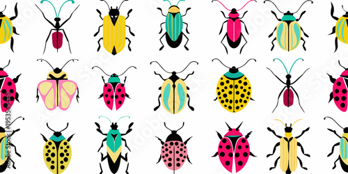 A colorful pattern of stylized beetles and insect illustrations
