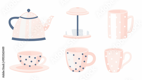 Pastel tea set with polka dots teapot cups and accessories