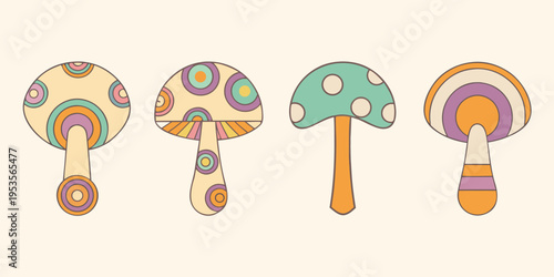 Four stylized mushrooms with colorful patterned caps and stems