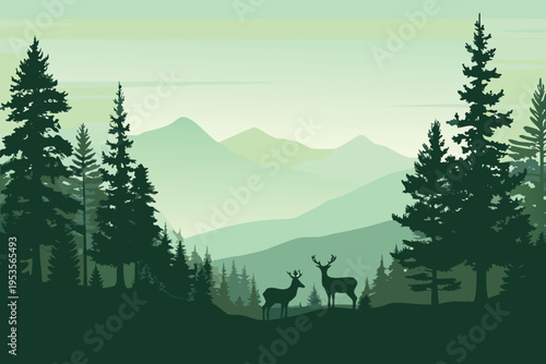 Silhouette of deer standing in a tranquil forest landscape