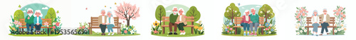 vector of a old couple sitting together on a park bench during spring