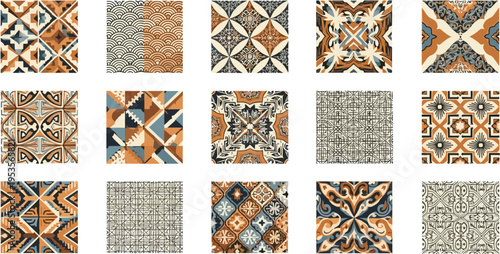 Seamless geometric pattern tiles collection with ethnic ornamental designs, vintage abstract backgrounds for textile, wallpaper and surface design vector set