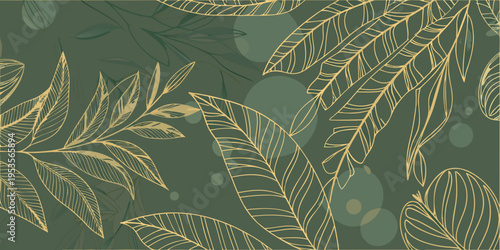 Elegant tropical leaves in gold and deep green form a seamless pattern