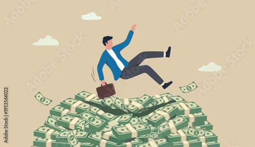 Insurance, reserve money or emergency fund on business failure, mistake accident, compensation money in to support cushion concept, fail businessman falling huge or money banknotes safety cushion