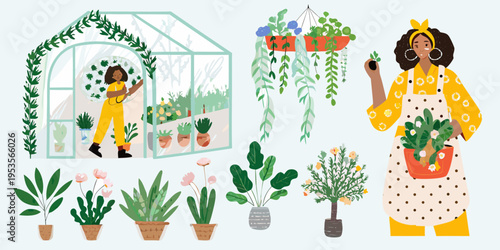 Woman tending to plants inside and outside a greenhouse structure