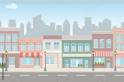 Colorful cityscape illustration featuring a quiet urban street scene