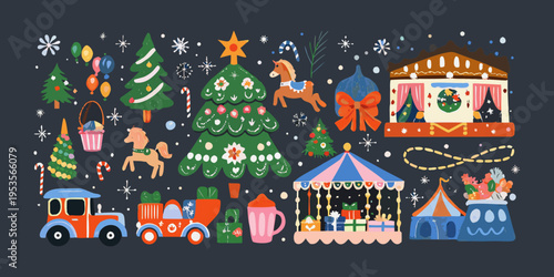 Festive christmas scene with trees toys and a charming winter market