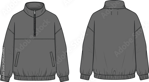 Gray half zip pullover jacket front and back view vector illustration minimalist casual windbreaker apparel mockup template fashion design