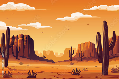 Desert landscape featuring saguaro cacti and mountainous terrain